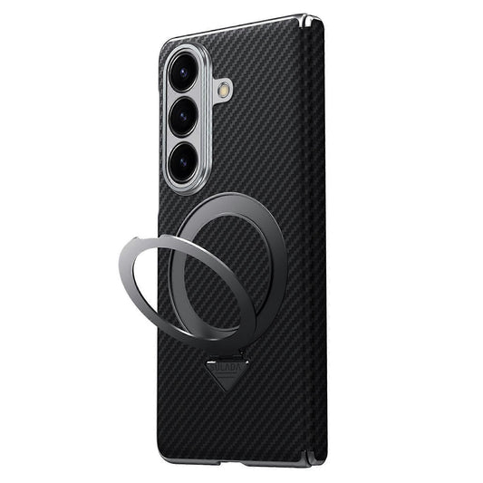 Samsung Galaxy Fold7 SULADA Magnetic Leather Case Carbon Fiber Texture Hinge Cover with Magsafe & Kickstand - Black (Only Back)