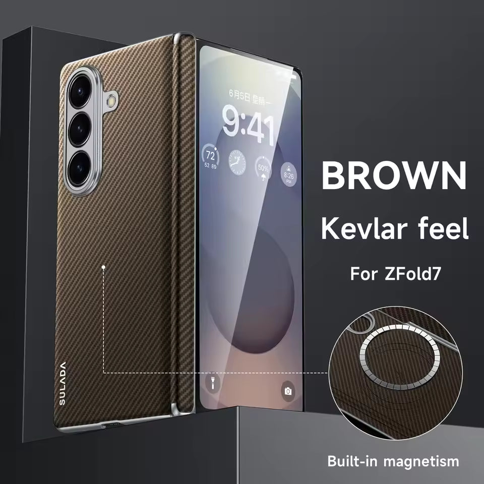 Samsung Galaxy Fold7 SULADA Magnetic Leather Case Carbon Fiber Texture Hinge Cover with Magsafe - Brown (Only Back)