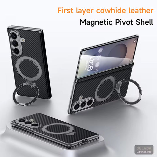 Samsung Galaxy Fold7 SULADA Magnetic Leather Case Carbon Fiber Texture Hinge Cover with Magsafe & Kickstand - Black (Only Back)