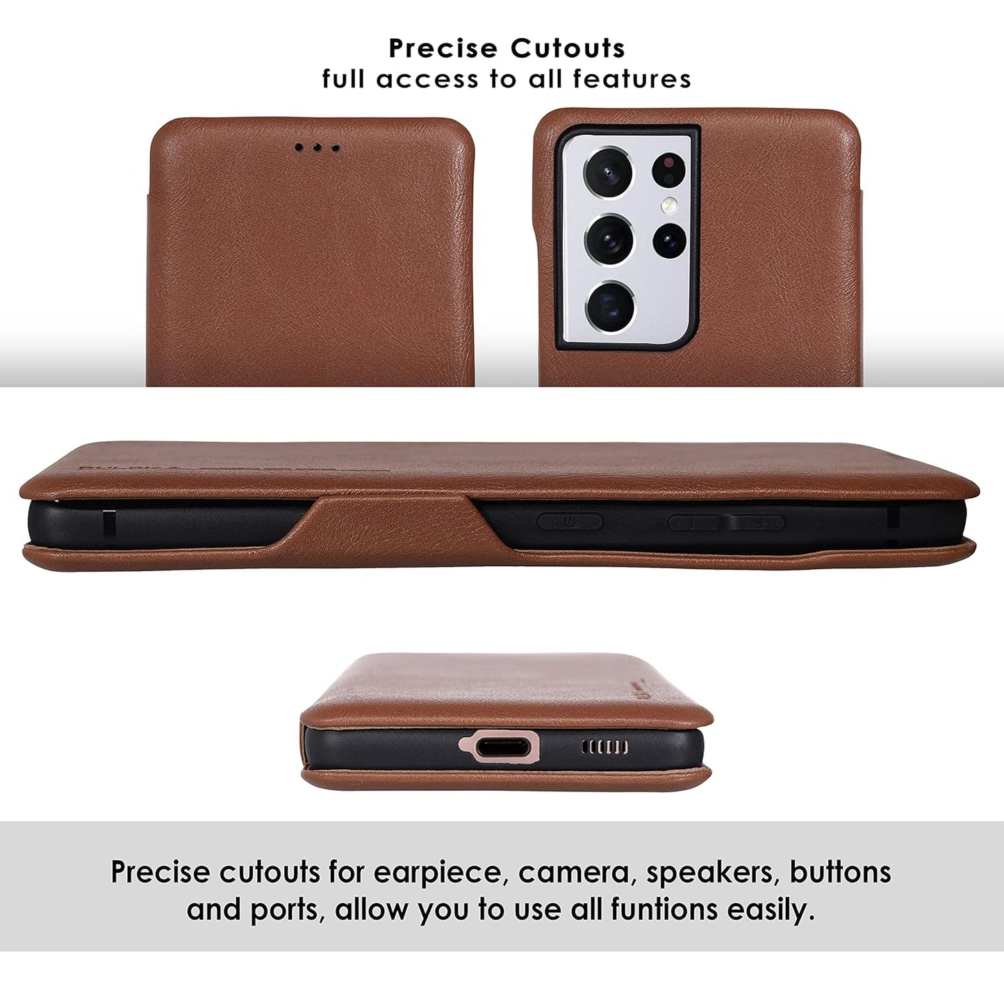Samsung Galaxy S25 Ultra Leather Flip Case, Shockproof, Card Slot with Kickstand - Brown