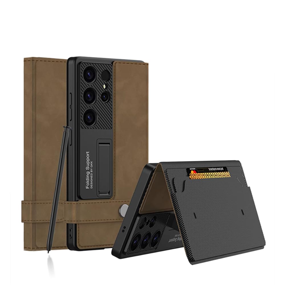 Samsung Galaxy S25 Ultra Leather Flip Cover, Wallet Case with Kickstand, Hard PC Magnetic Flip Case with Card Holder Slot - Brown