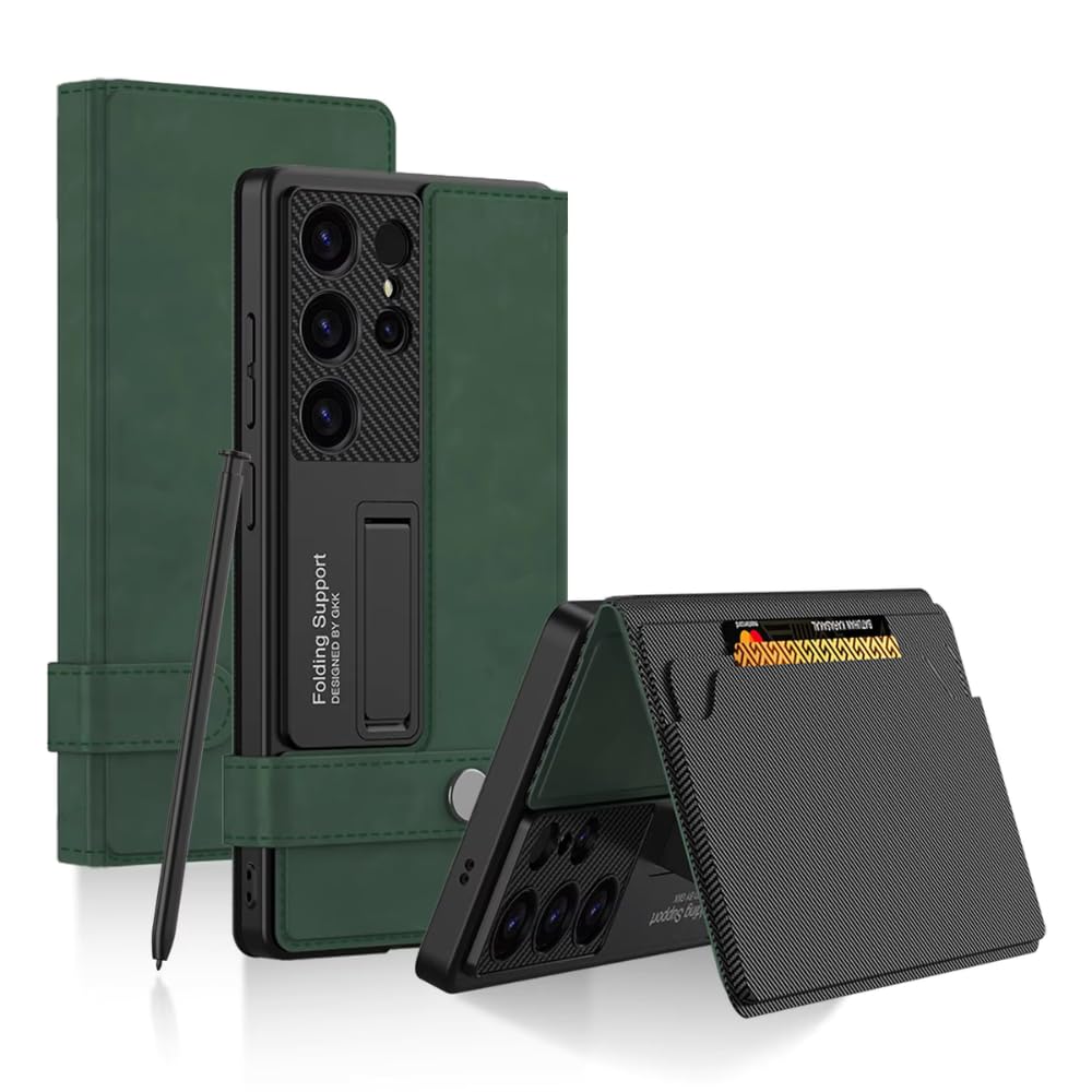 Samsung Galaxy S25 Ultra Leather Flip Cover, Wallet Case with Kickstand, Hard PC Magnetic Flip Case with Card Holder Slot - Green