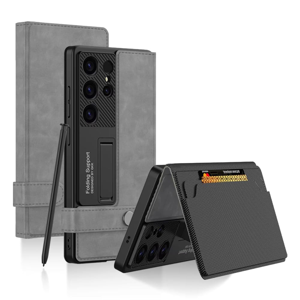 Samsung Galaxy S25 Ultra Leather Flip Cover, Wallet Case with Kickstand, Hard PC Magnetic Flip Case with Card Holder Slot - Grey