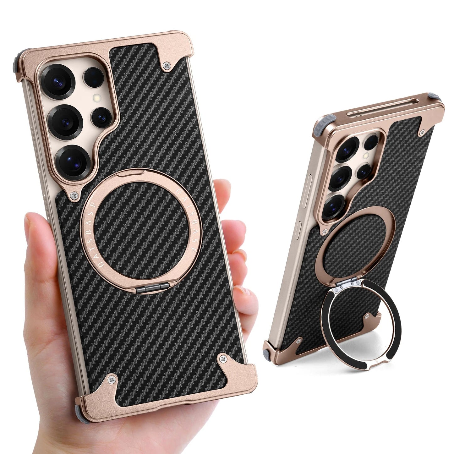 Samsung Galaxy S25 Ultra Metal Case, Frameless Metal Carbon Case Strong Magnetic Kickstand with 360ยฐ Rotation Ring
