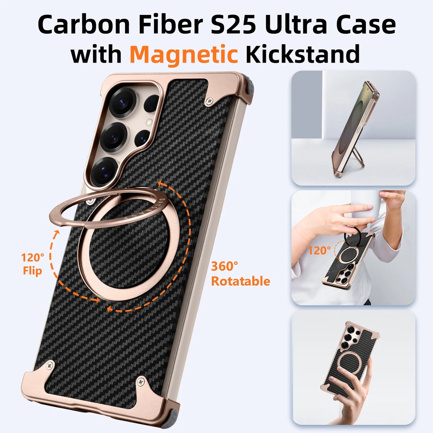 Samsung Galaxy S25 Ultra Metal Case, Frameless Metal Carbon Case Strong Magnetic Kickstand with 360ยฐ Rotation Ring