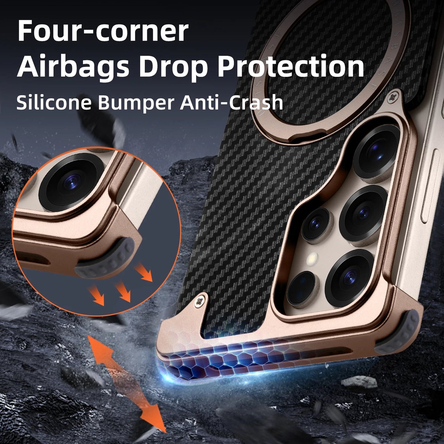 Samsung Galaxy S25 Ultra Metal Case, Frameless Metal Carbon Case Strong Magnetic Kickstand with 360ยฐ Rotation Ring