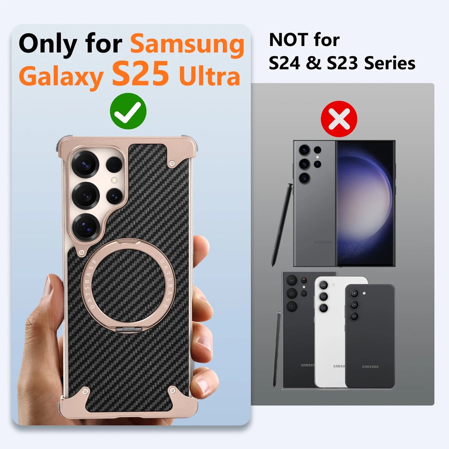 Samsung Galaxy S25 Ultra Metal Case, Frameless Metal Carbon Case Strong Magnetic Kickstand with 360ยฐ Rotation Ring