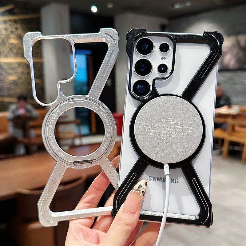 Samsung Galaxy S25 Ultra Metal Case, Frameless, X-Shape Strong Magnetic Kickstand with MagSafe Case - Black