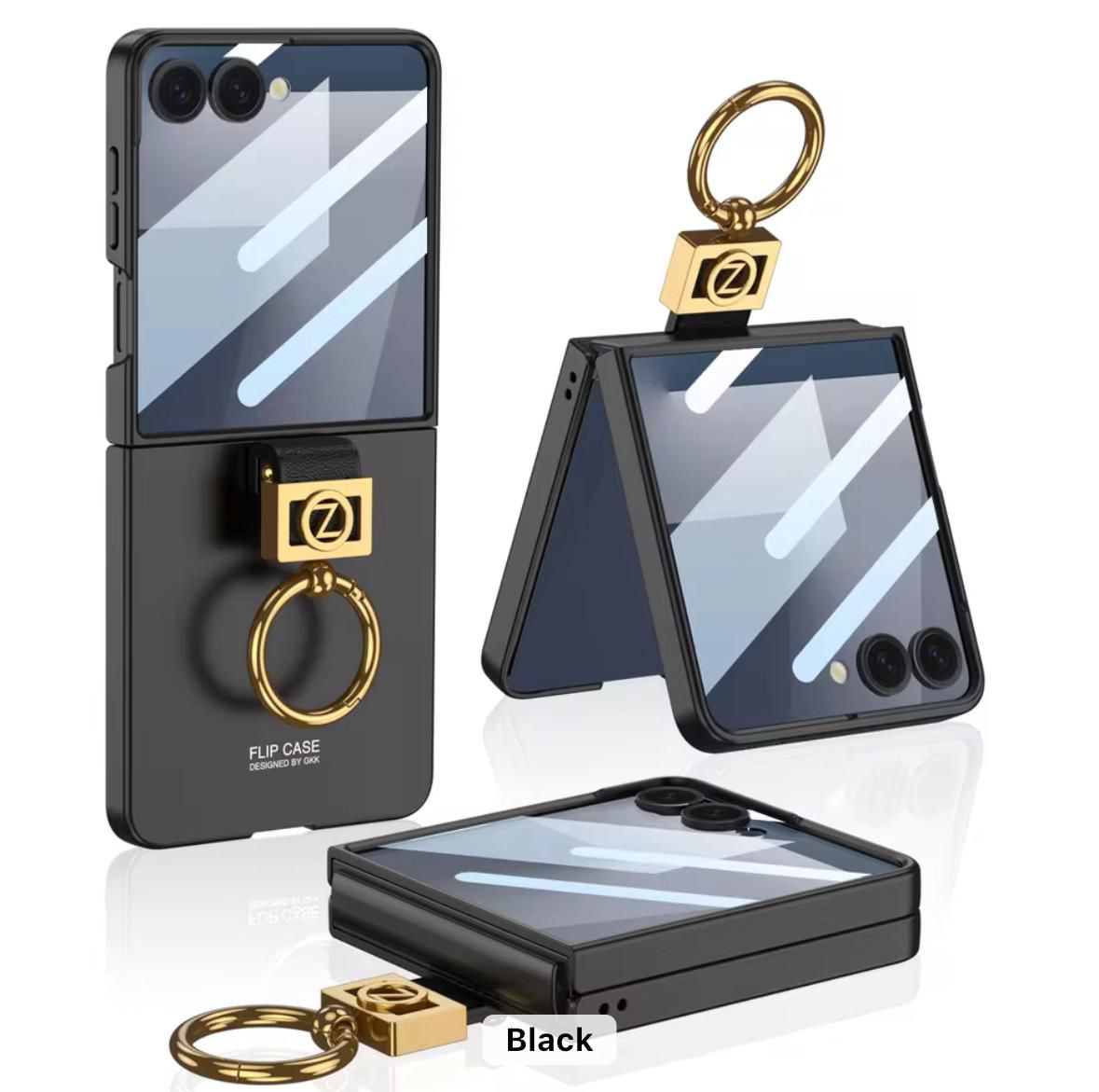 Samsung Galaxy Z Flip7 5G Case with Ring Holder Metal Plate PC + Tempered Glass - Black