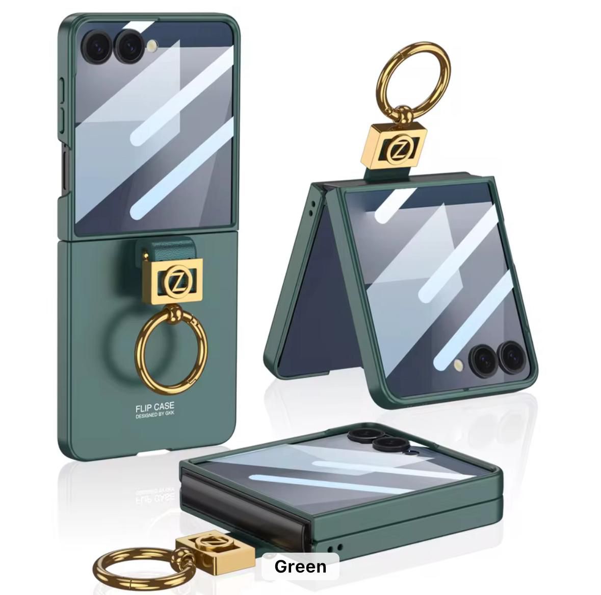 Samsung Galaxy Z Flip7 GKK Case with Ring Holder Metal Plate PC + Tempered Glass - Green