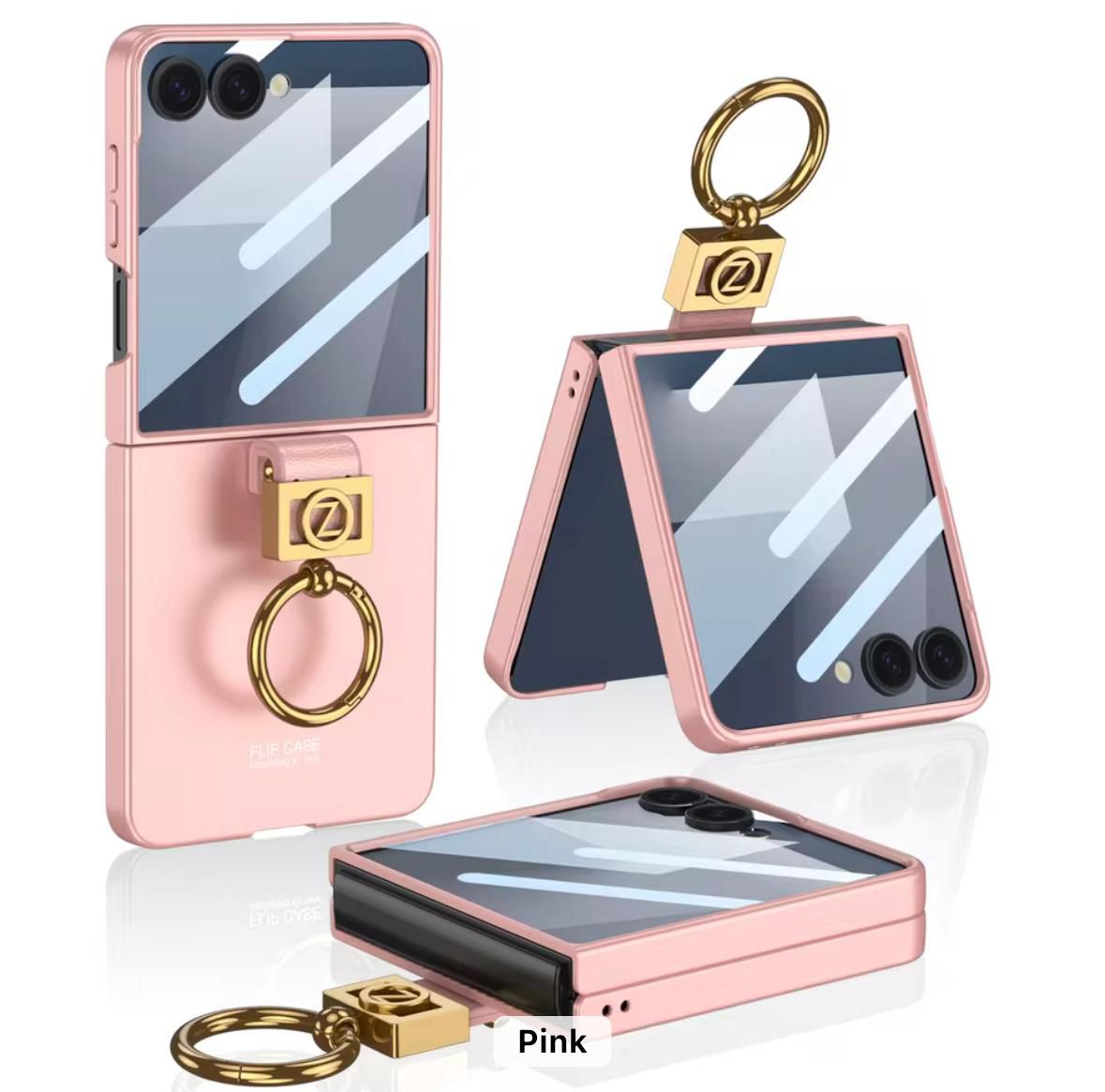 Samsung Galaxy Z Flip7 GKK Case with Ring Holder Metal Plate PC + Tempered Glass - Pink