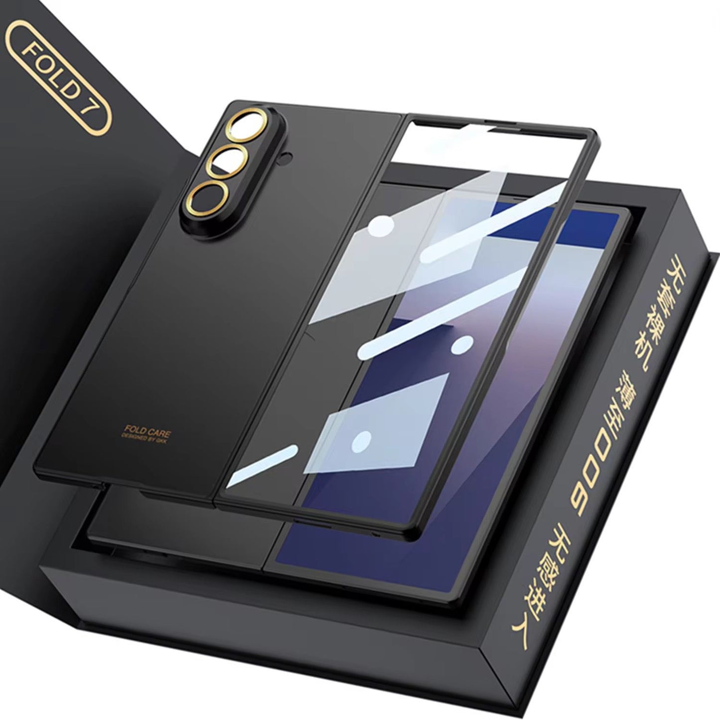 Samsung Galaxy Z Fold7 0.8mm Slim Hard Rugged Drop Proof Thin with Gold Ring Lens & Front Glass - Black