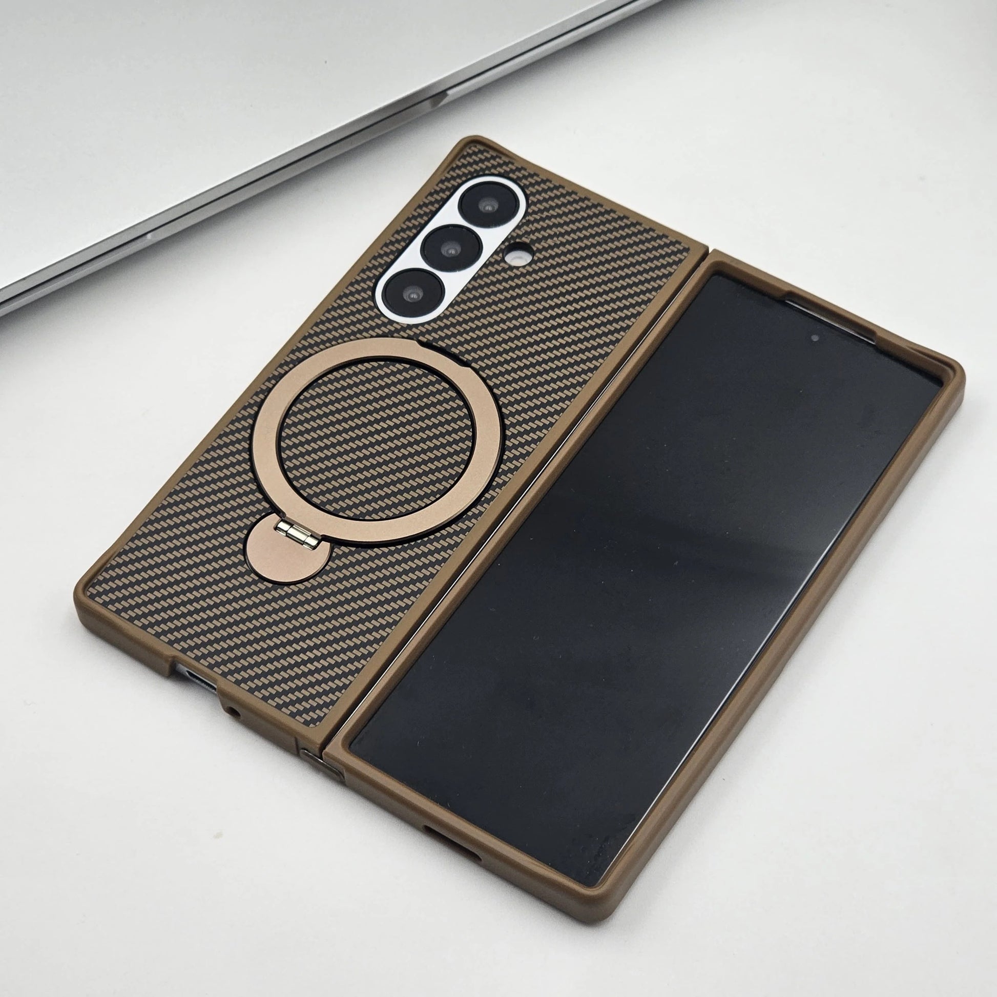Samsung Galaxy Z Fold7 Carbon Case with Corner Bump and Magnetic Magsafe Ring Kickstand - Desert Brown