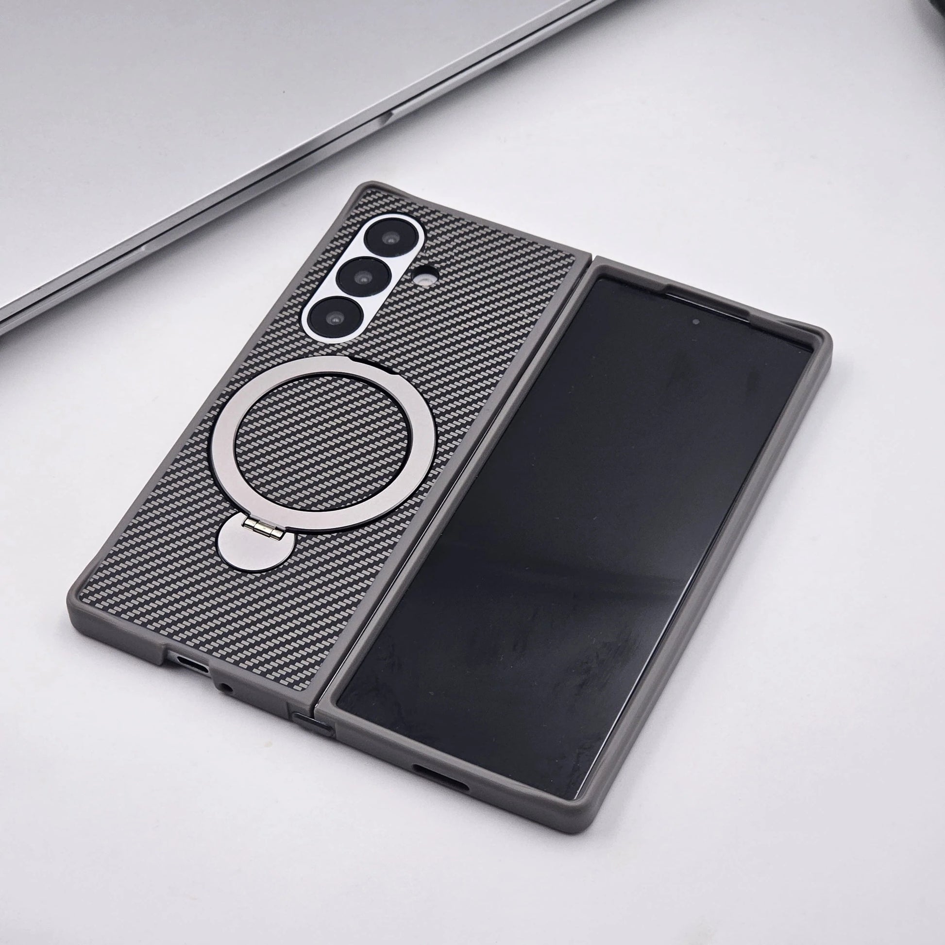 Samsung Galaxy Z Fold7 Carbon Case with Corner Bump and Magnetic Magsafe Ring Kickstand - Grey