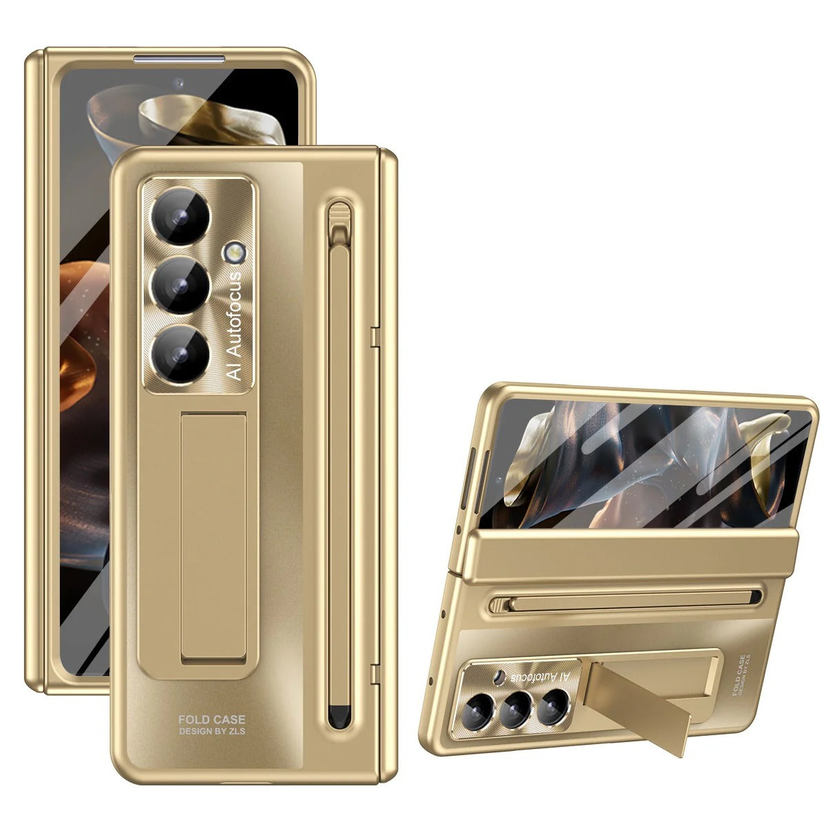 Samsung Galaxy Z Fold7 Electroplating Autofocus S-Pen Case with Kickstand Hinge Protection & Front Glass - Gold