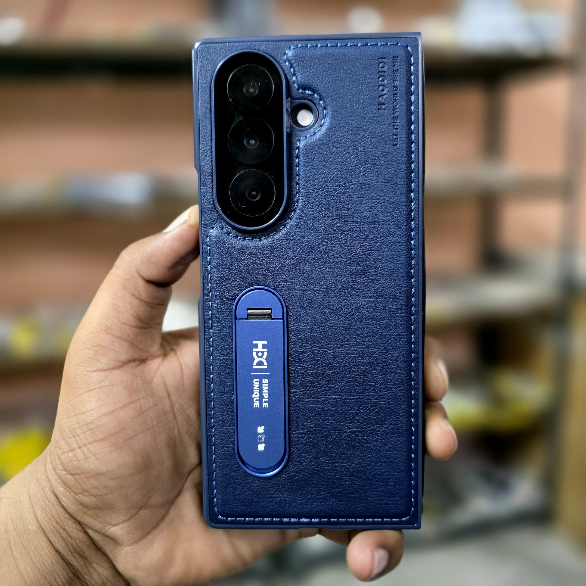 Samsung Galaxy Z Fold7 HBD Real Leather Case with Metal Stand - Blue