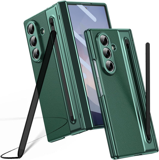 Samsung Galaxy Z Fold7 Leather Case, Electroplating S Pen Case with Kickstand & Hinge Protection - Green