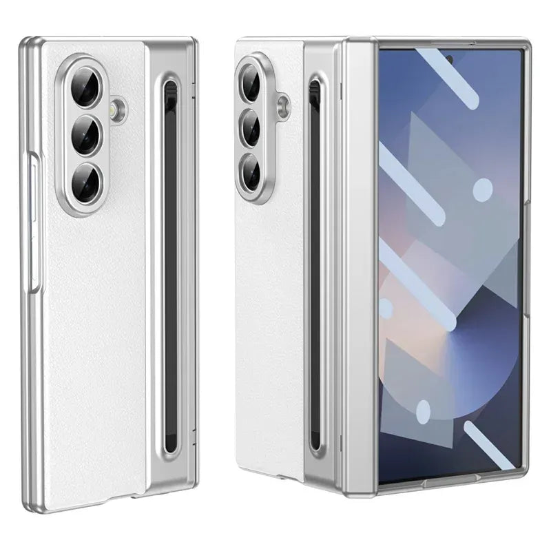 Samsung Galaxy Z Fold7 Leather Case, Electroplating S Pen Case with Kickstand & Hinge Protection - White
