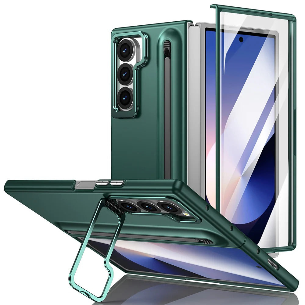Samsung Galaxy Z Fold7 S-Pen Case, Skin Feel Metal Camera Stand with Front Glass - Green