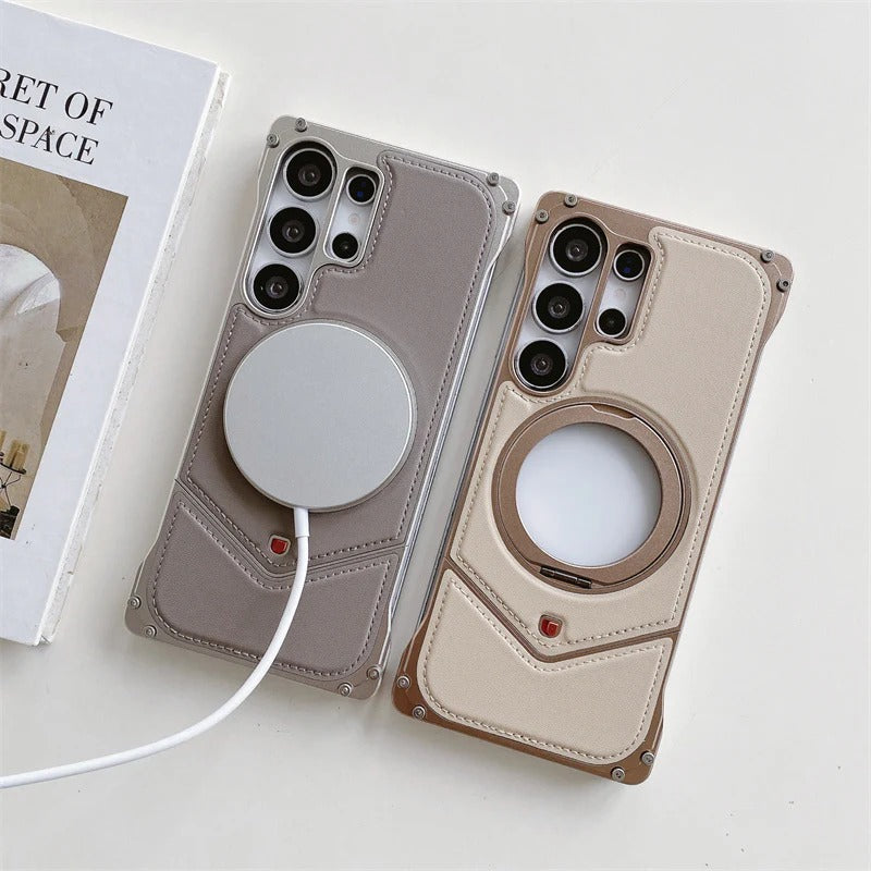 Samsung Galaxy S24 Ultra Metal Case, Frameless Leather Metal Cover Magsafe 360ยฐ Rotation Ring - Titanium