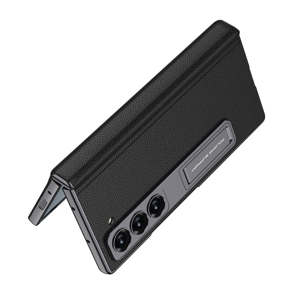 Samsung Galaxy Z Fold6 Leather Case, Phantom Series Kickstand Leather with Magnetic Hinge Protection - Black