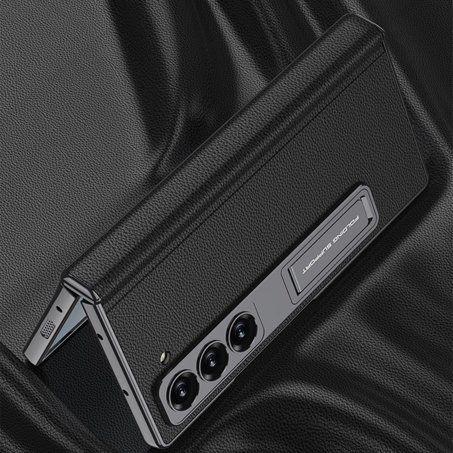 Samsung Galaxy Z Fold6 Leather Case, Phantom Series Kickstand Leather with Magnetic Hinge Protection - Black
