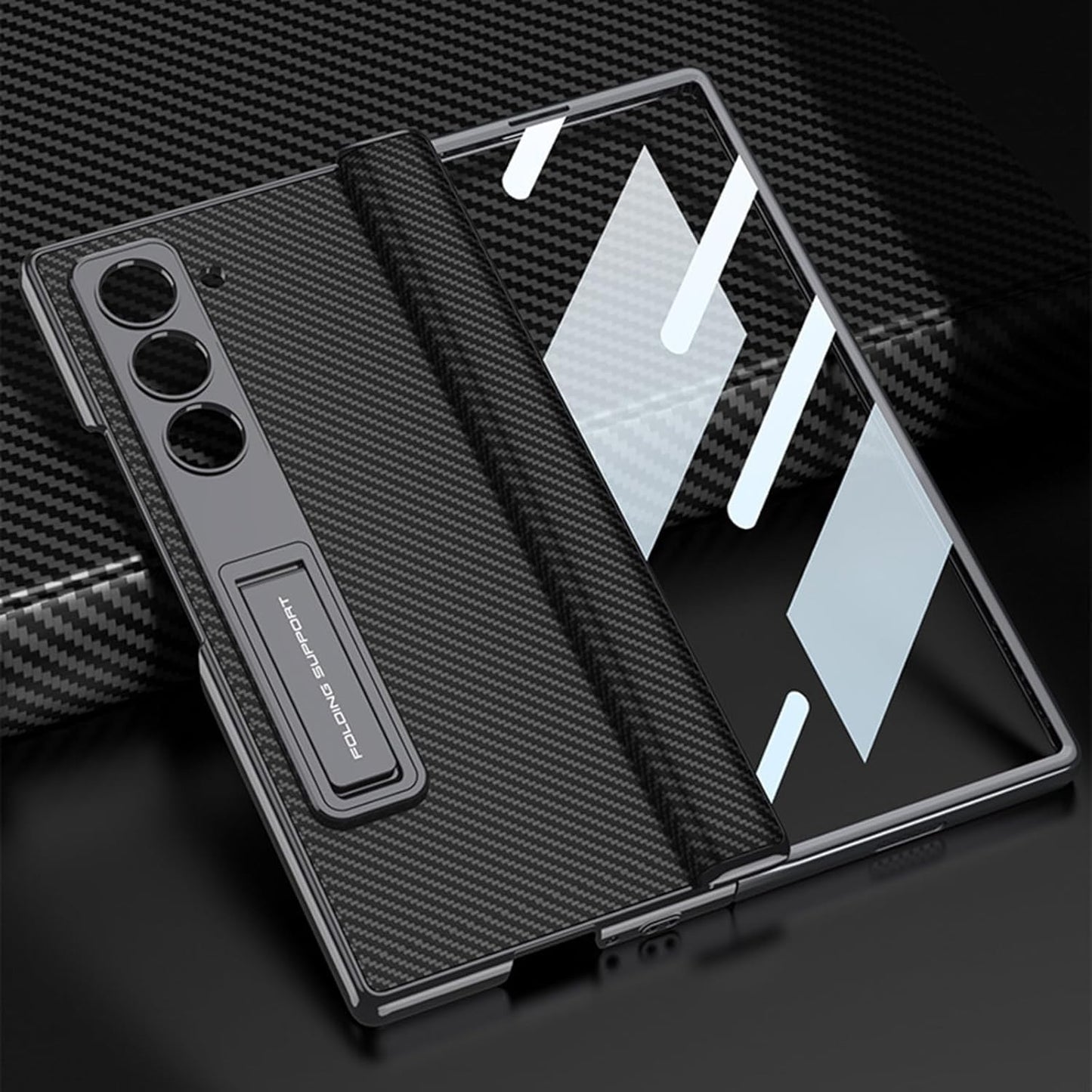 Samsung Galaxy Z Fold6 GKK Leather Case, Phantom Series Kickstand Magnetic Hinge Protection - Carbon
