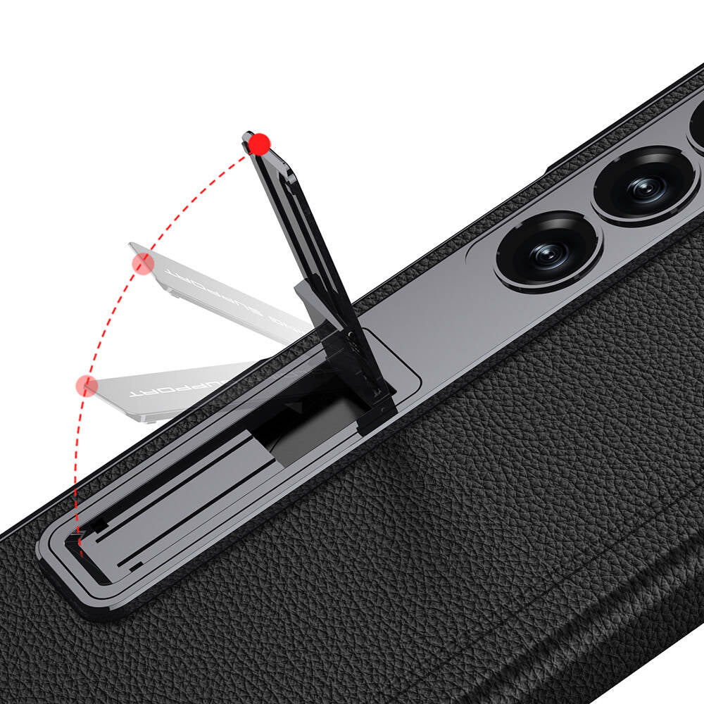 Samsung Galaxy Z Fold6 Leather Case, Phantom Series Kickstand Leather with Magnetic Hinge Protection - Black