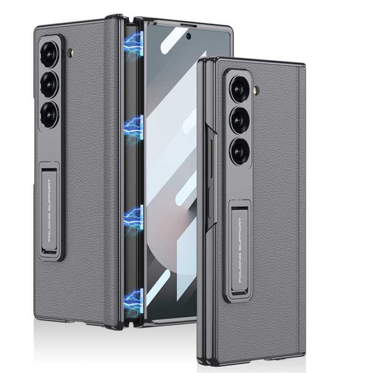 Samsung Galaxy Z Fold6 Leather Case, Phantom Series Kickstand Leather with Magnetic Hinge Protection - Titanium Grey