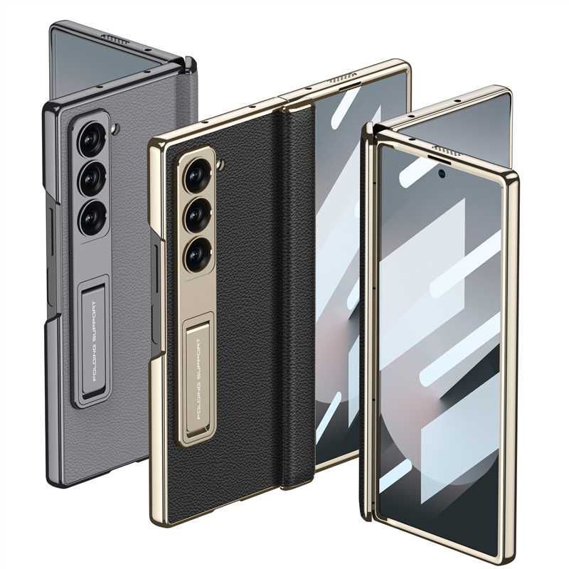 Samsung Galaxy Z Fold6 Leather Case, Phantom Series Kickstand Leather with Magnetic Hinge Protection - Black