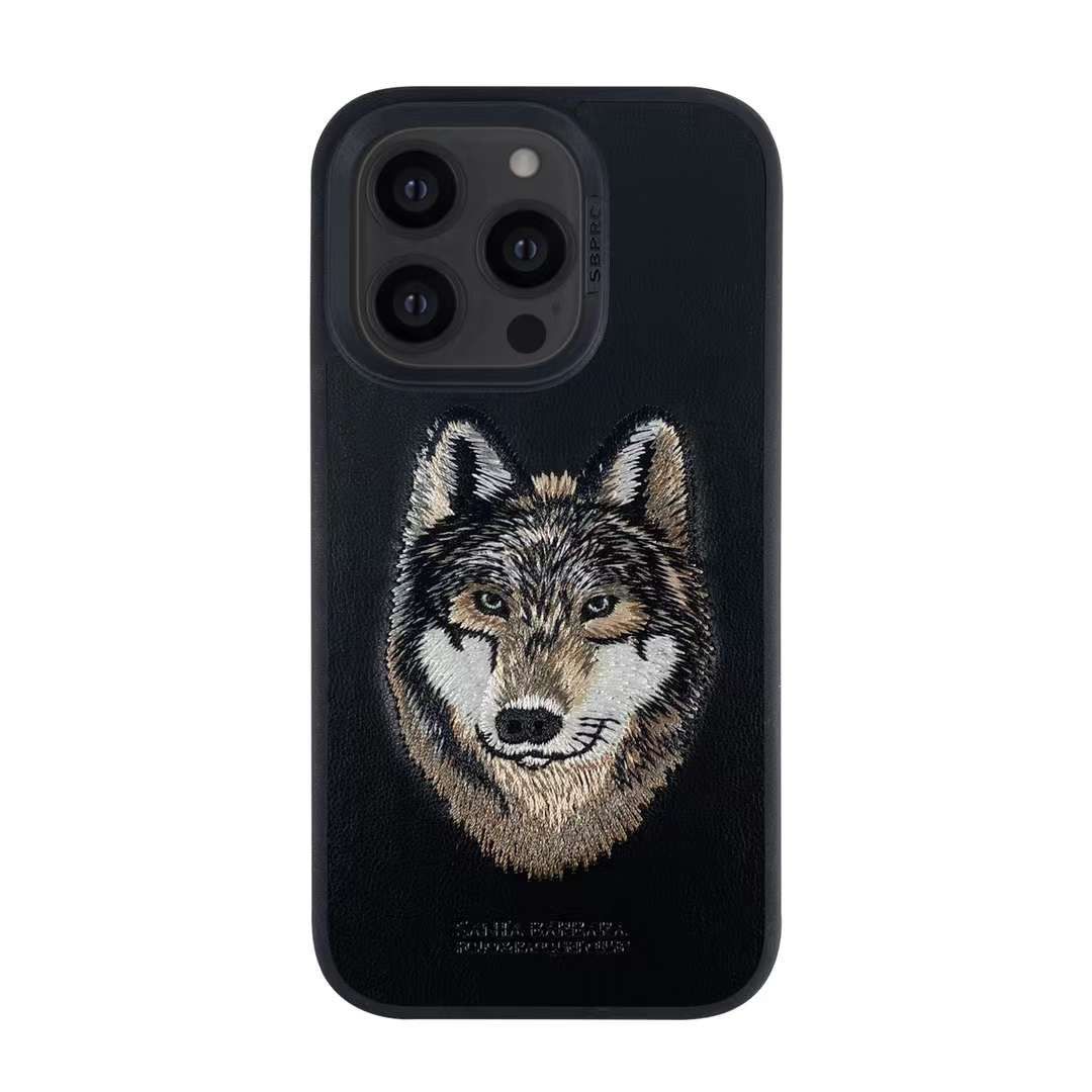 iPhone 14 Pro Max Santa Barbara 3D Embraided Wolf Face Savana Series Leather Case