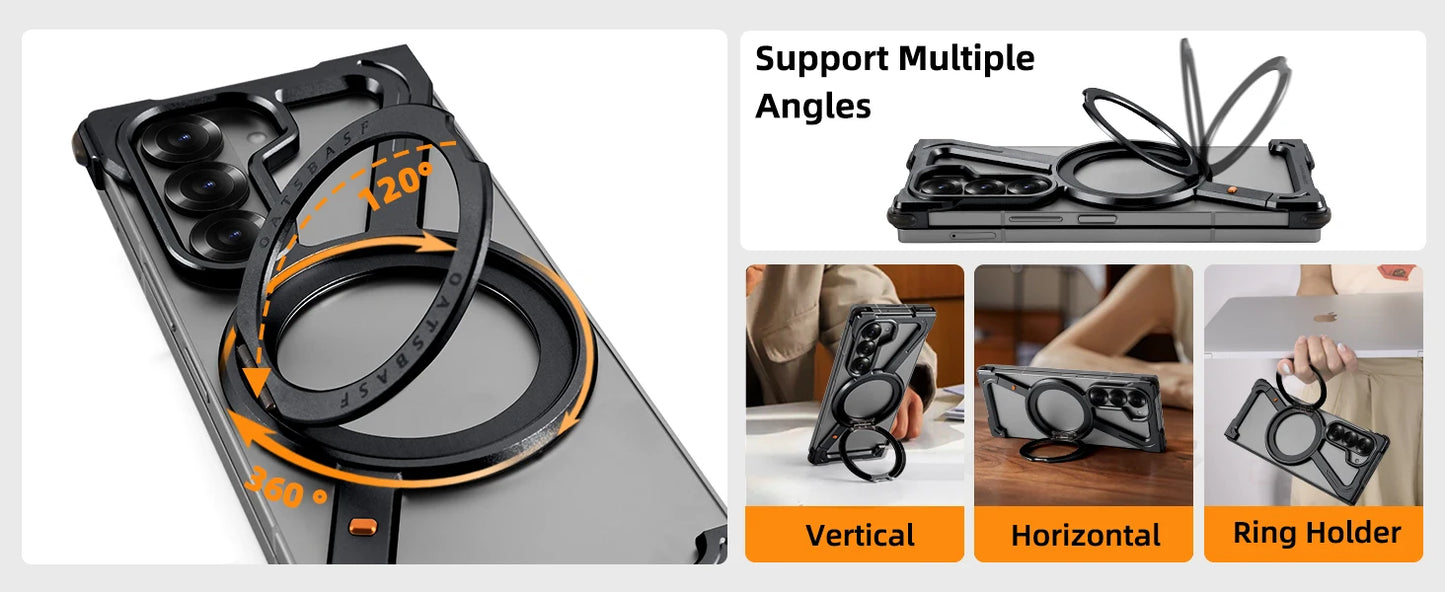 Samsung Galaxy Z Fold 6 Frameless Z Shape Metal Bumper Magsafe Case with Magnetic Kickstand 360° Rotation Ring - Black