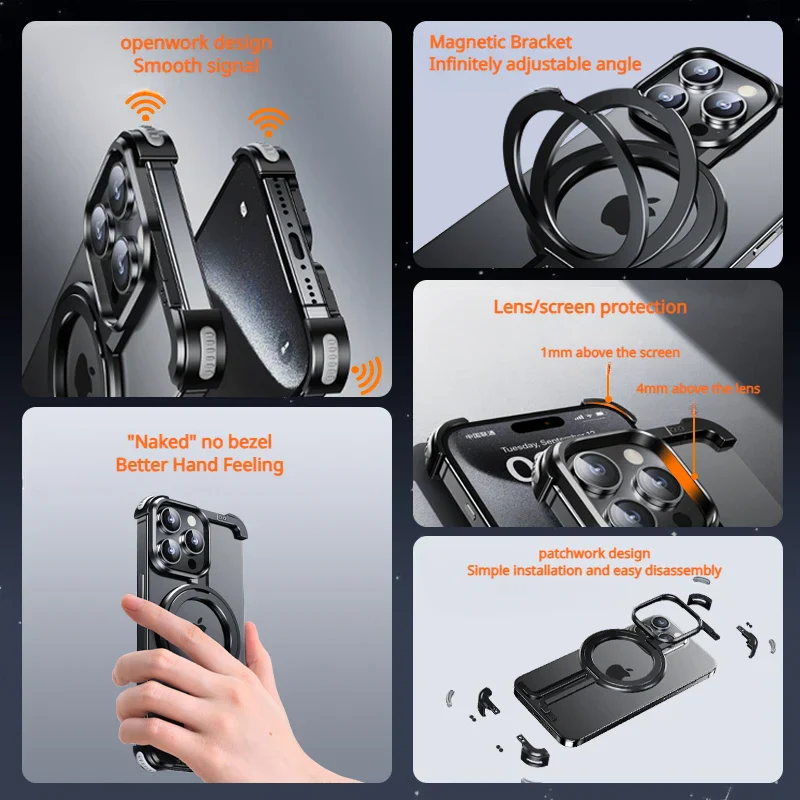 iPhone 16 Pro Max Metal Case Invisible Magnetic O Shape Ring Stand Frameless Metal Case - Black