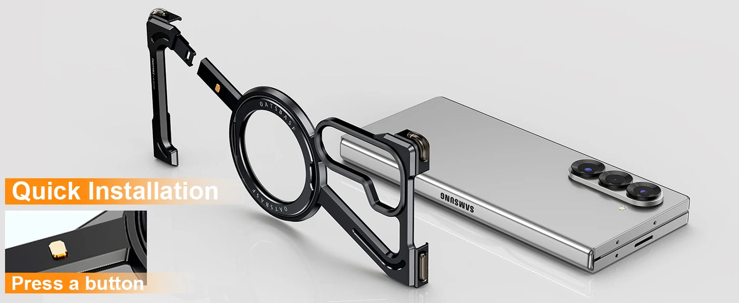 Samsung Galaxy Z Fold 6 Frameless Z Shape Metal Bumper Magsafe Case with Magnetic Kickstand 360° Rotation Ring - Black