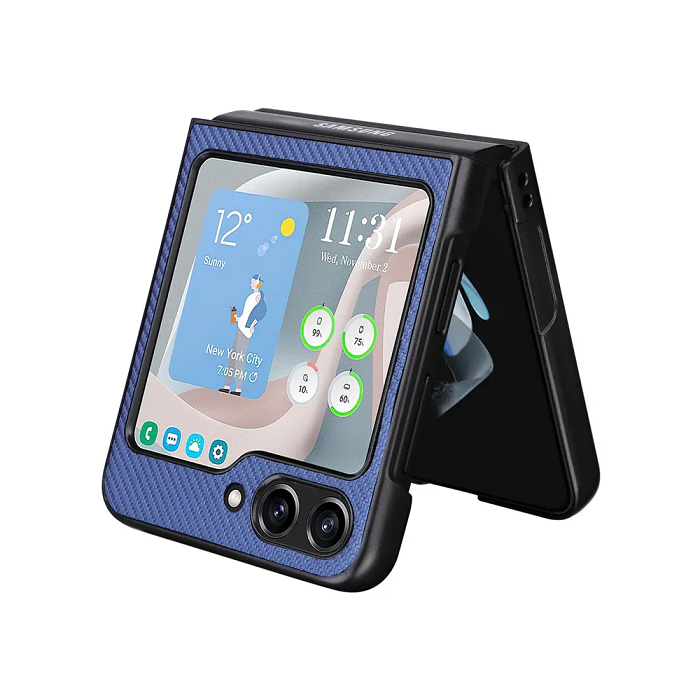 Samsung Galaxy Z Flip 5 Leather Carbon Fiber Slim Fit Case- Blue