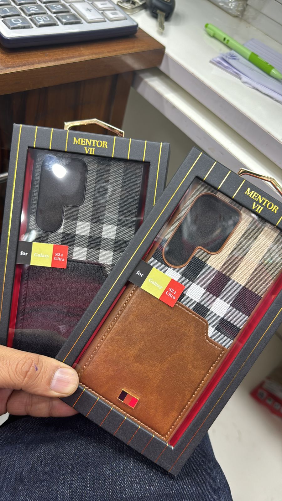 Samsung Galaxy S24 Ultra Chequred Mentor Series Luxury With Card Slot Leather Case - Black/Blue