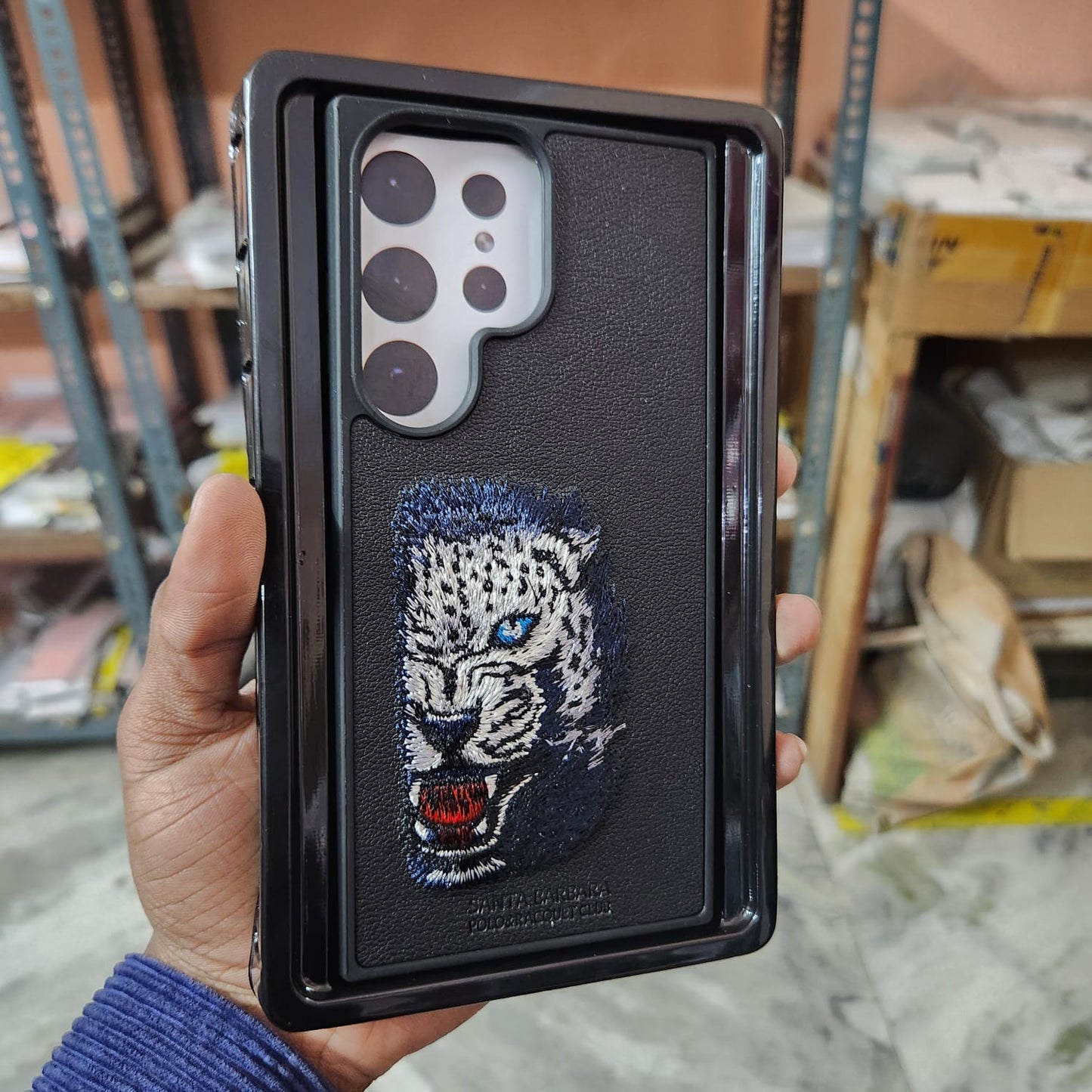 Samsung Galaxy S23 Ultra 3D Leopard Face Embroidery PU Leather Case