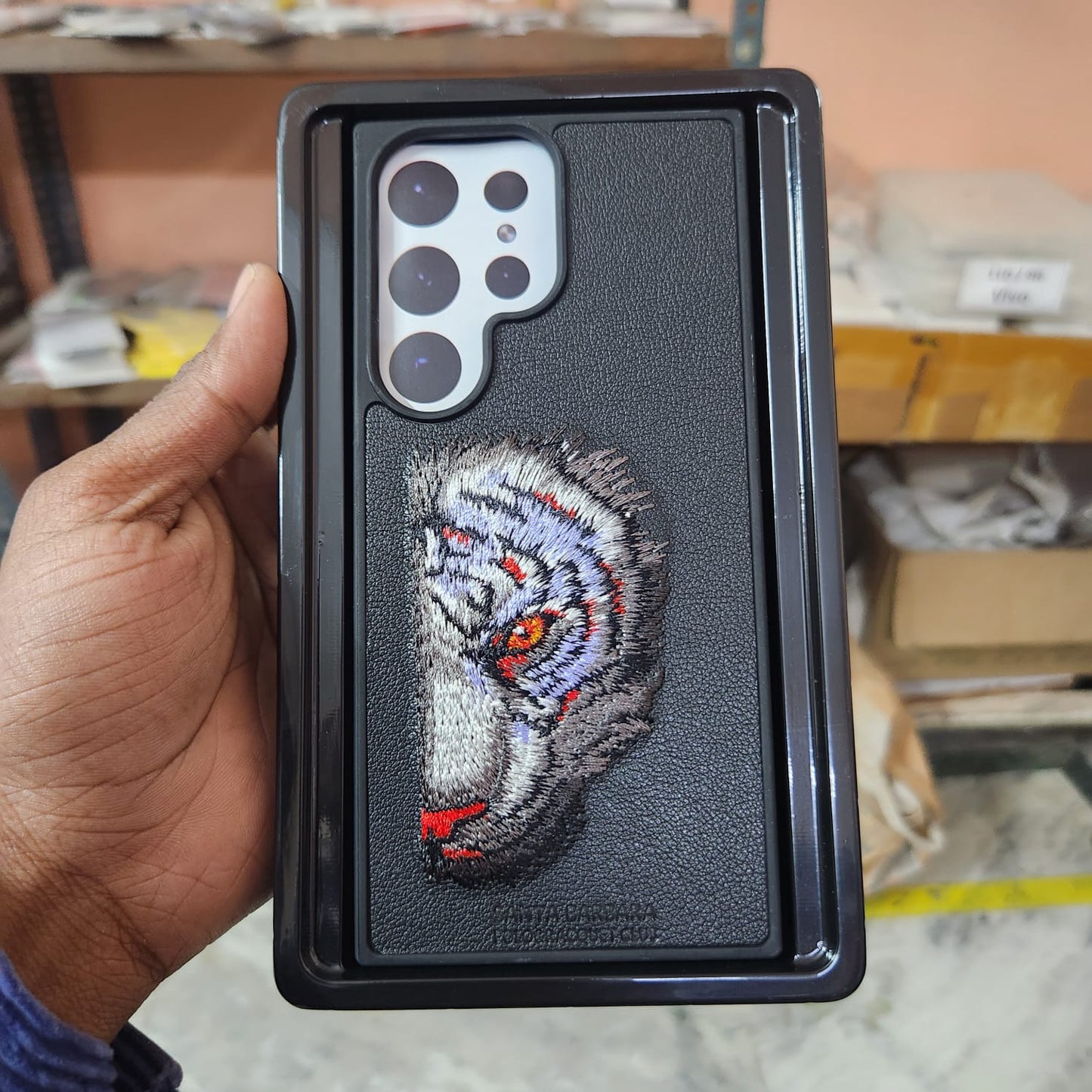 Samsung Galaxy S23 Ultra 3D Tiger Face Embroidery PU Leather Case