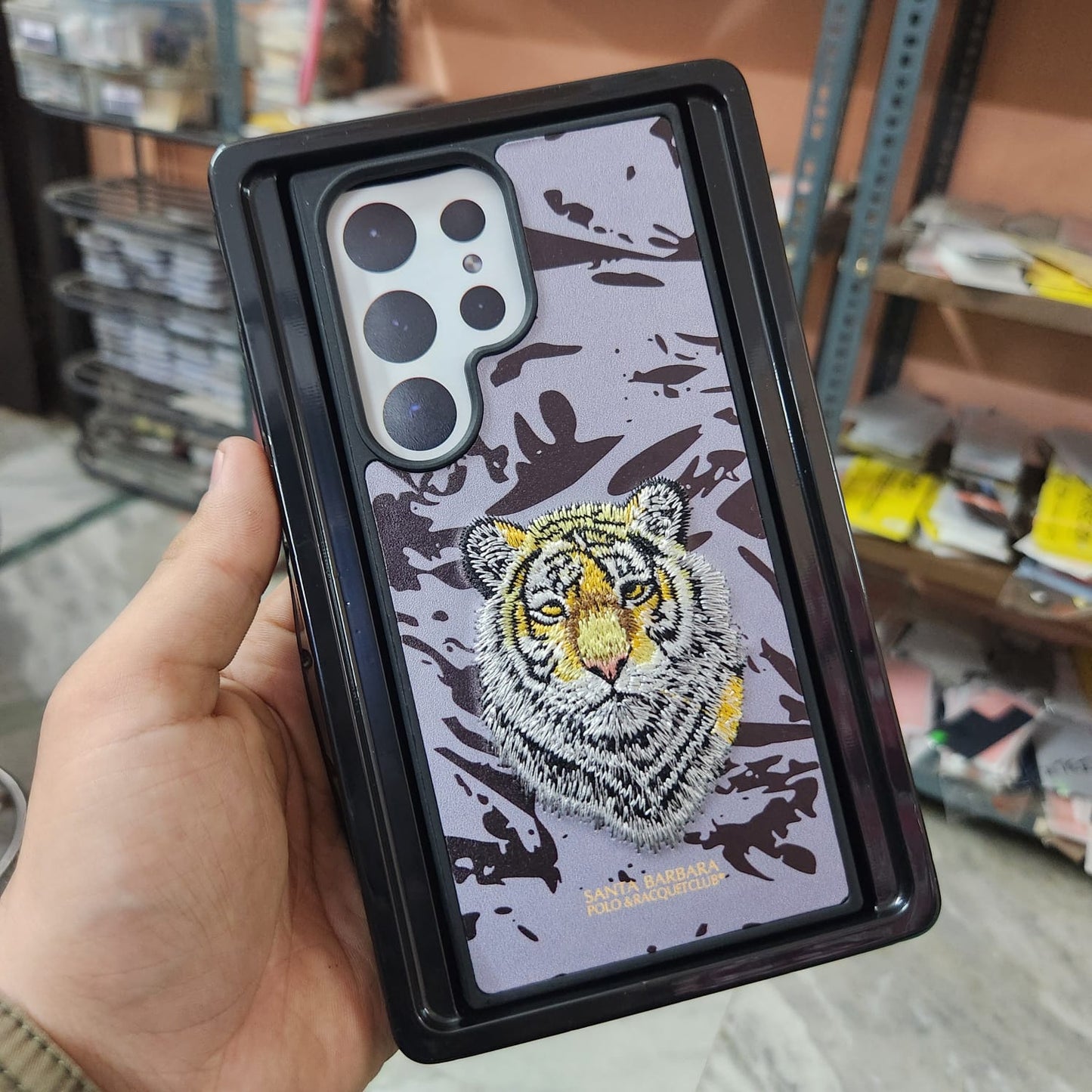 Samsung Galaxy S23 Ultra 3D Tiger Face Embroidery PU Leather Case