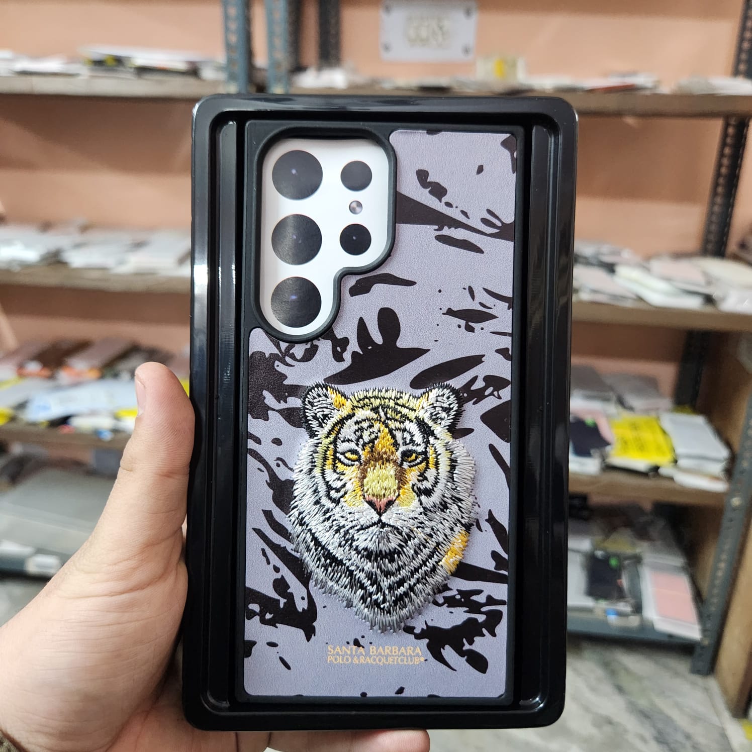 Samsung Galaxy S23 Ultra 3D Tiger Face Embroidery PU Leather Case