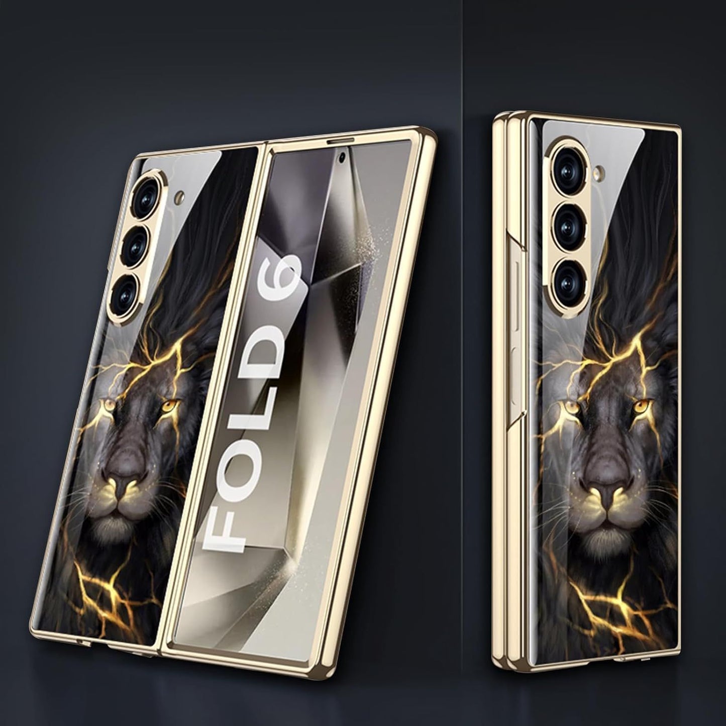 Samsung Galaxy Z Fold6 Original GKK Glossy Lion Glass Case with Front Glass - Black Lion