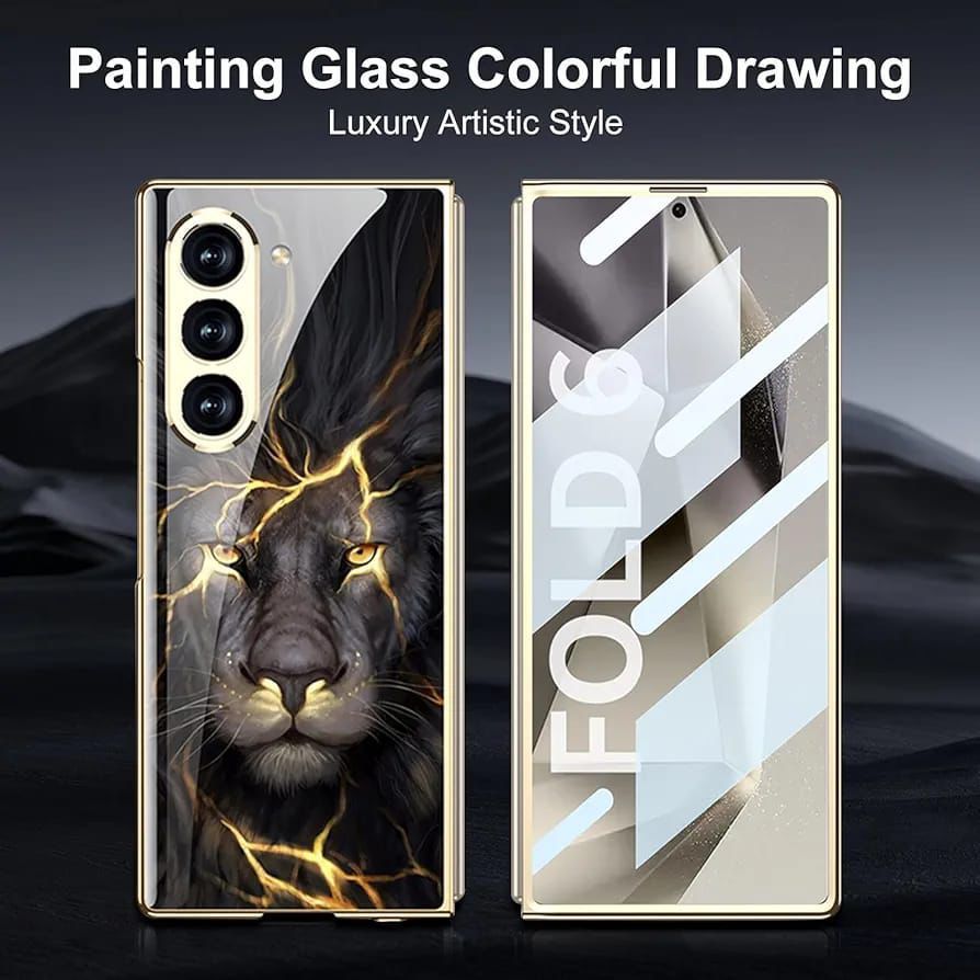 Samsung Galaxy Z Fold6 Original GKK Glossy Lion Glass Case with Front Glass - Black Lion