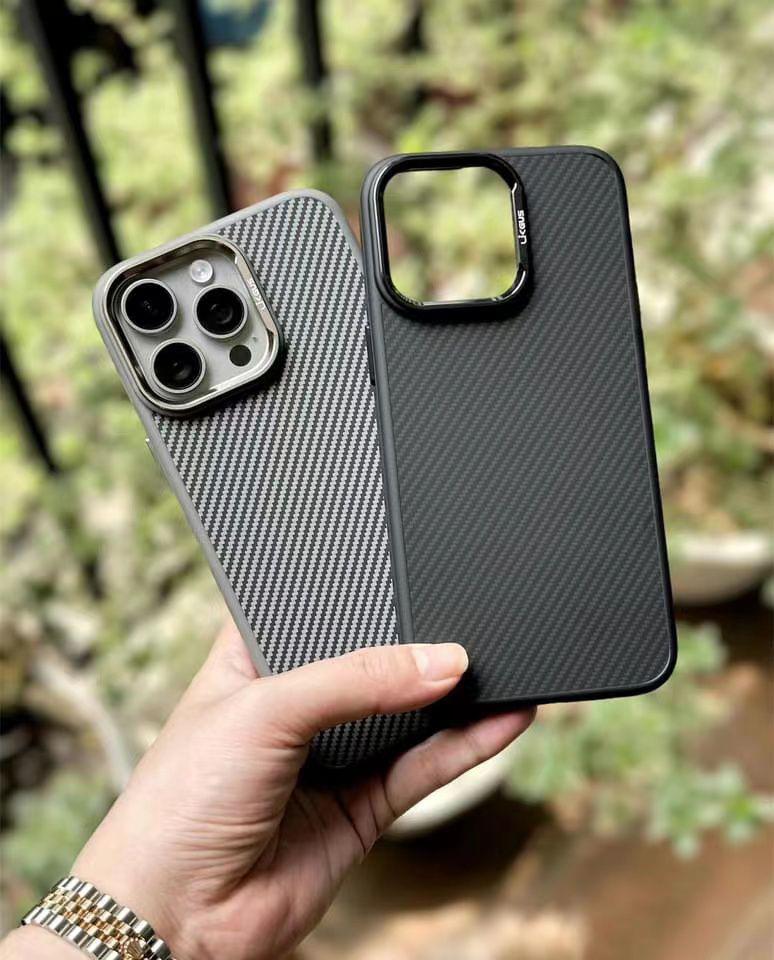 iPhone 16 Luxury DEFENDER Carbon Pattern Shock Absorb Aramid Slim Case - Grey