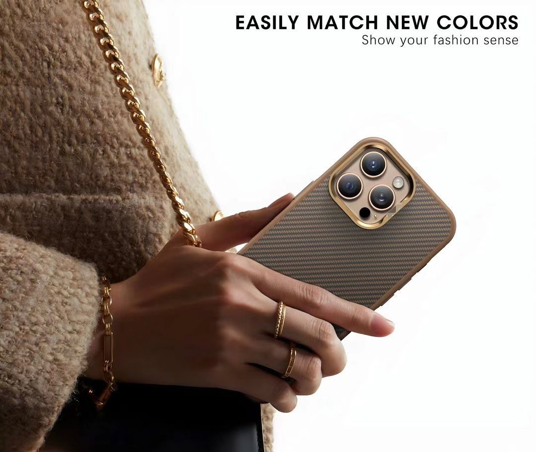 iPhone 16 Pro Max Luxury DEFENDER Carbon Pattern Shock Absorb Aramid Slim Case - Desert Brown