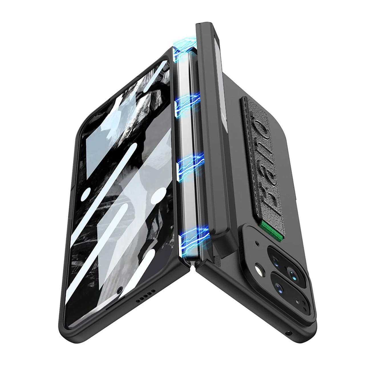 Google Pixel 9 Pro Fold (Pixel Fold 2) Slim Hard PC with Wrist Strap Lightweight Camera Protection Band Case with Front in-built Glass- Black