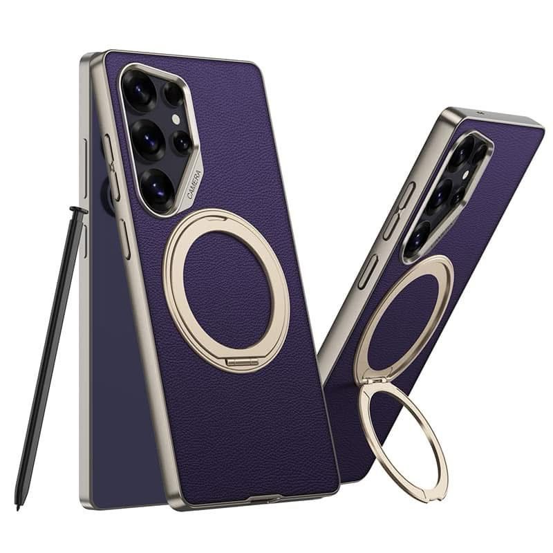 Samsung Galaxy S25 Ultra Leather Case, Leather Cover 360° Rotatable Ring Kickstand - Purple