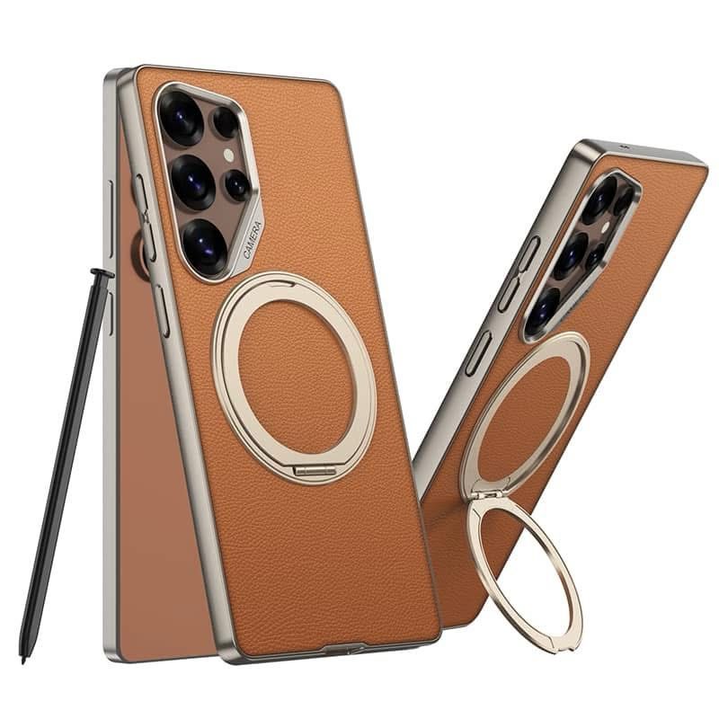 Samsung Galaxy S25 Ultra Leather Case, Premium Leather with 360° Rotatable Magnetic Ring Kickstand - Orange