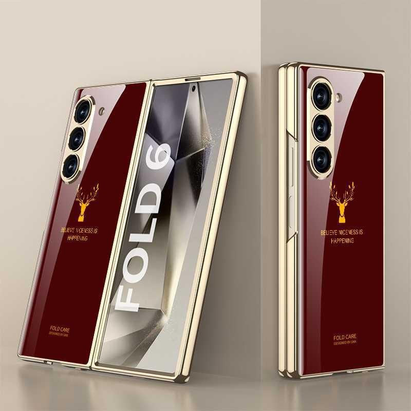 Samsung Galaxy Z Fold 6 Original GKK Glossy Deer Glass Case with Front Glass - Wine Deer