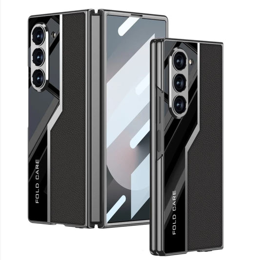 Samsung Galaxy Z Fold6 GKK Leather Super Slim Electroplating Half Glass & Half Leather Case - Black / Red