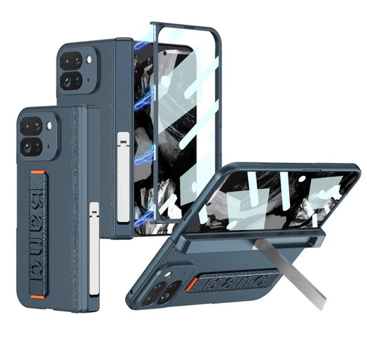 Google Pixel 9 Pro Fold (Pixel Fold 2) Slim Hard PC with Wrist Strap Lightweight Camera Protection Band Case with Front in-built Glass - Blue